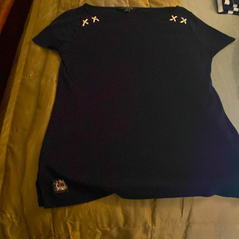 Ladies navy blue shirt with white stitching on boatneck collared